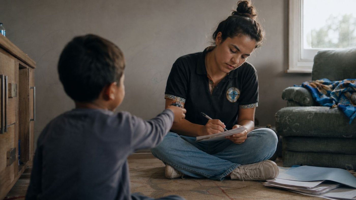 A worker sits on the floor of a family's lounge room writing on a clipboard. A young boy holds a toy out towards her; she is looking down at the page and has not seen it.