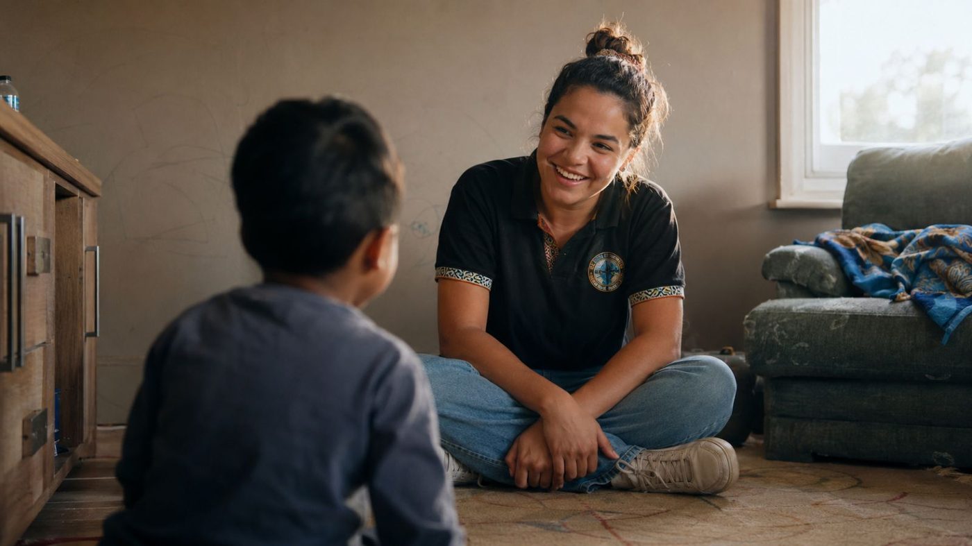 The same worker in the same room, the clipboard set aside, sitting facing the boy and smiling at him.