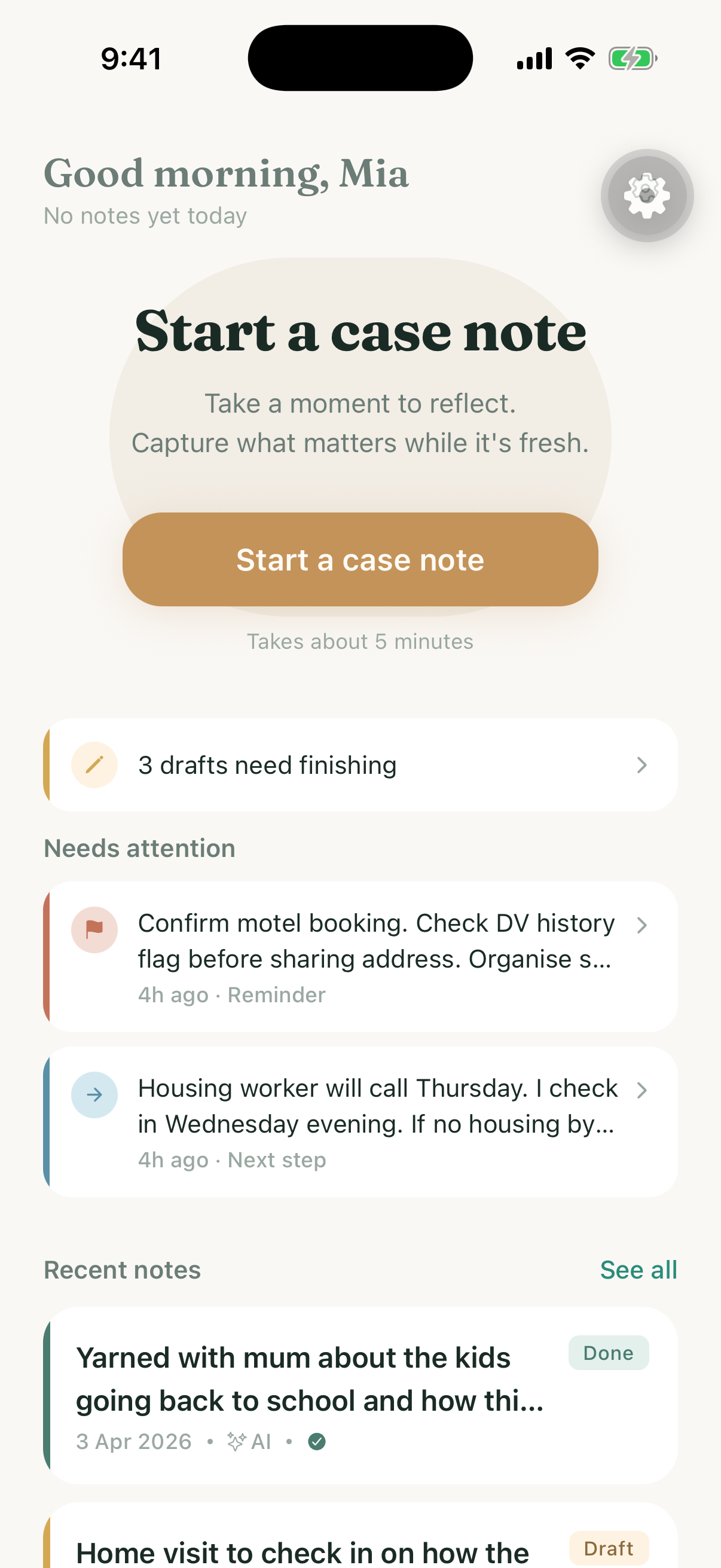 Case Flow home screen showing recent notes and a large Start a case note button